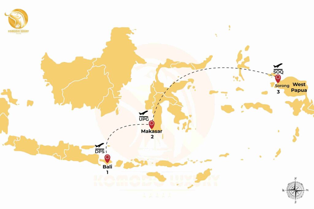Bali to Sorong via Makassar Map