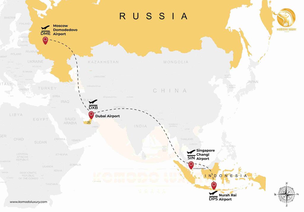 Russia to Komoodo Island via Dubai and Singapore Map