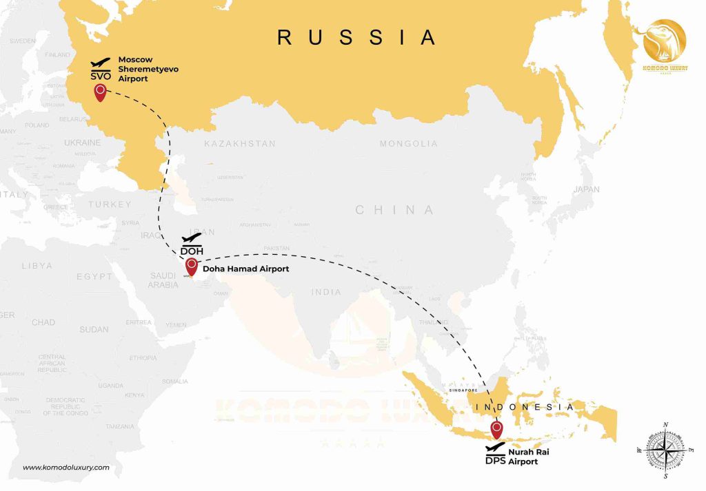 Russia to Komodo Island via Doha Map
