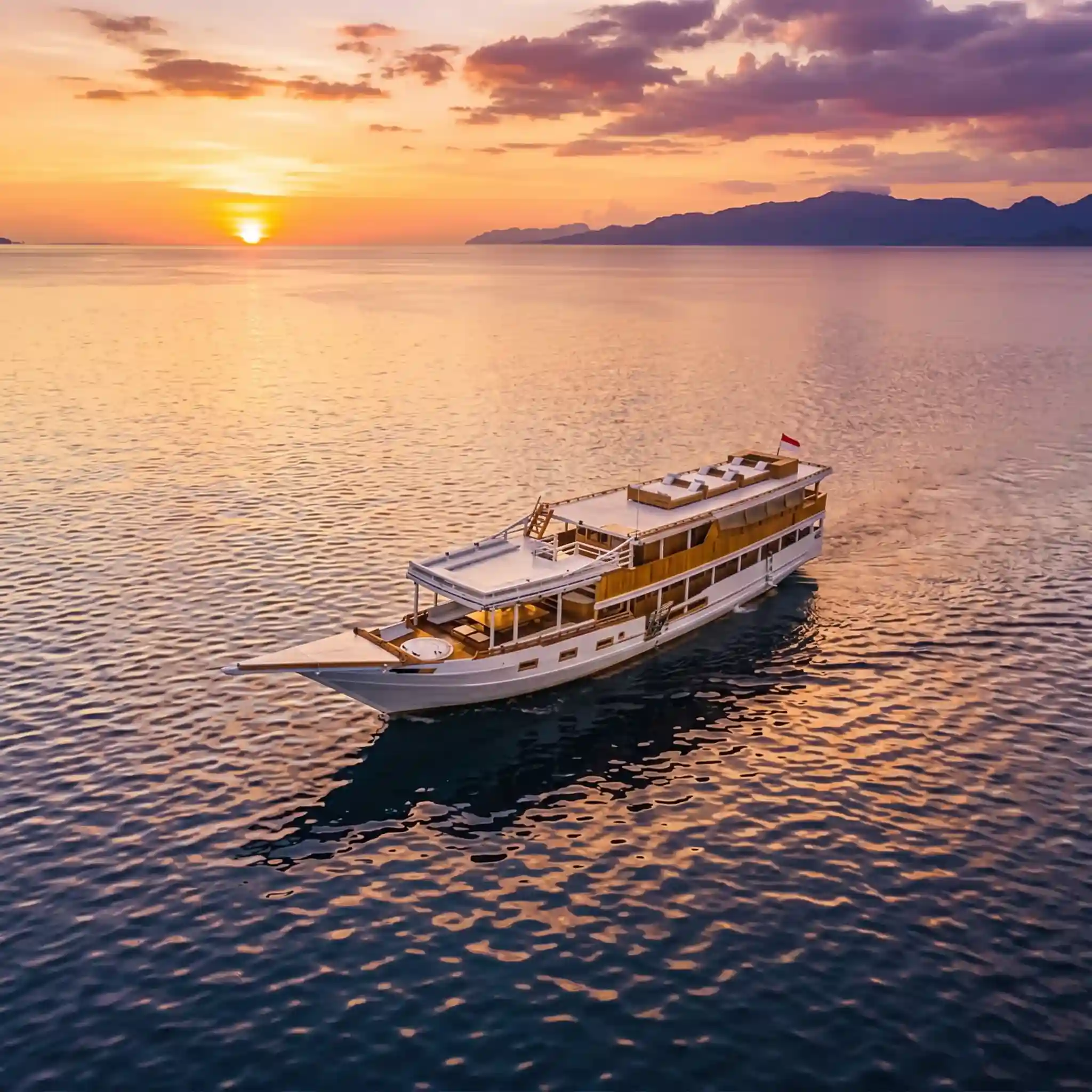 Malca, a phinisi of the fleet, under way at sunset