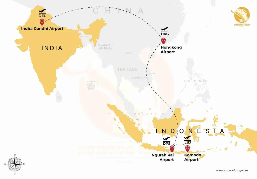 India to Komodo Island via Hongkong Map