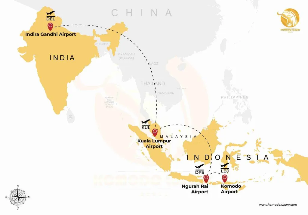 India to Komodo Island via Malaysia Map