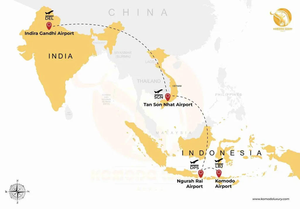 India to Komodo Island via Vietnam Map