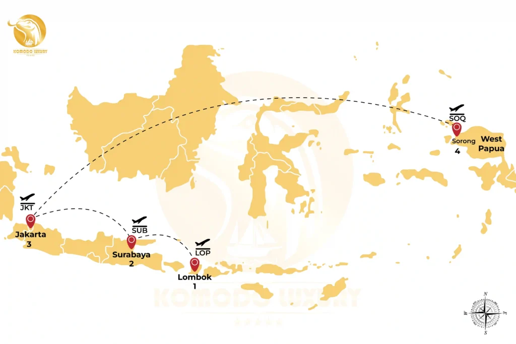 Lombok - Surabaya - Jakarta - Sorong Map