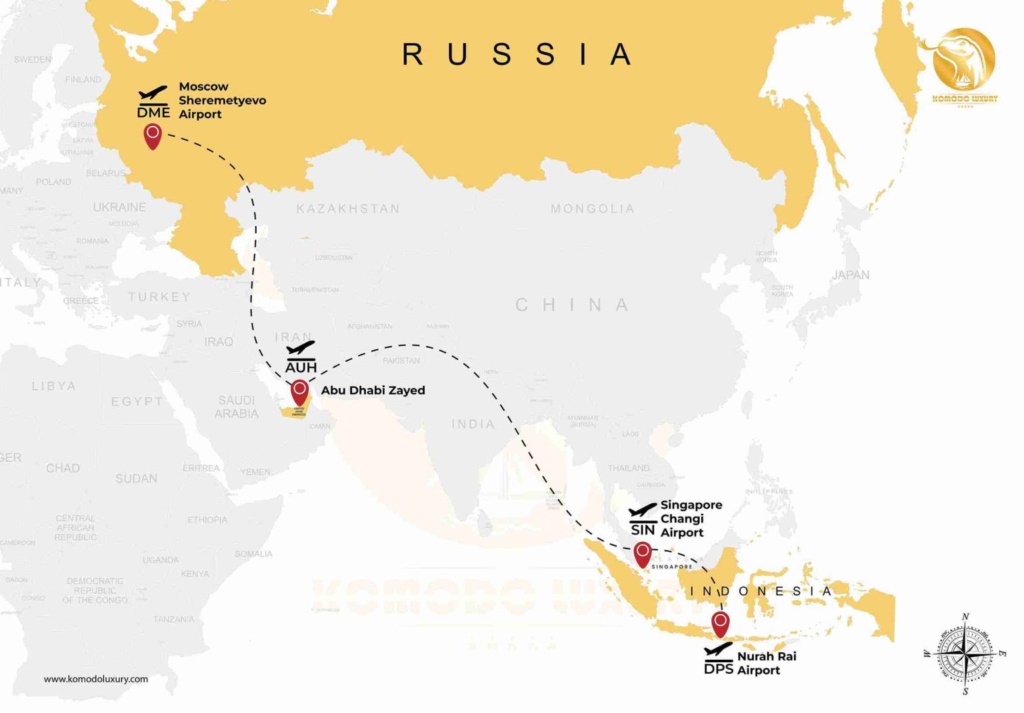 Russia to Komodo Island via Abu Dhabi and Singapore Map