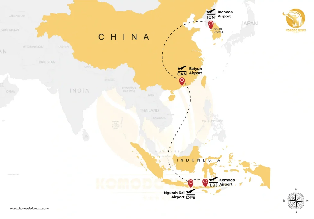 South Korea to Komodo Island via China MAP - Komodo Luxury