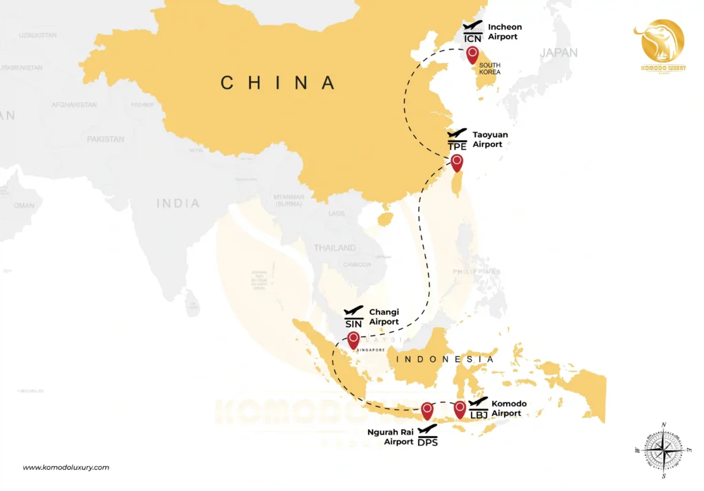 South Korea to Komodo Island via Taiwan and Singapore MAP - Komodo Luxury