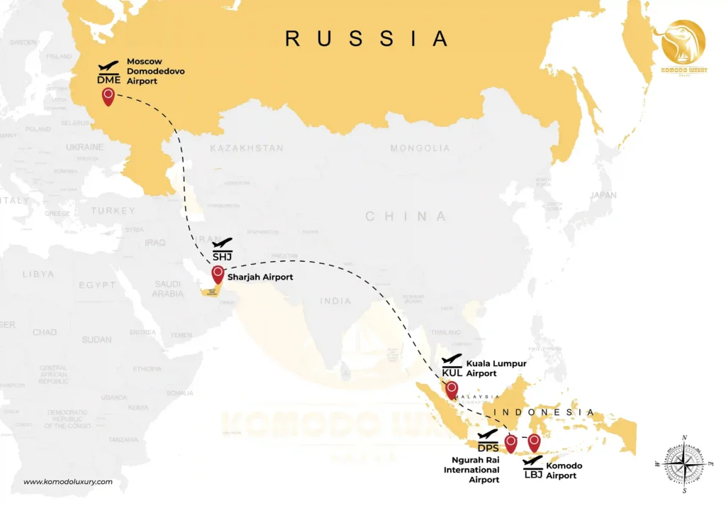 Moscow to Komodo Island via Dubai and Malaysia MAP | Komodo Luxury