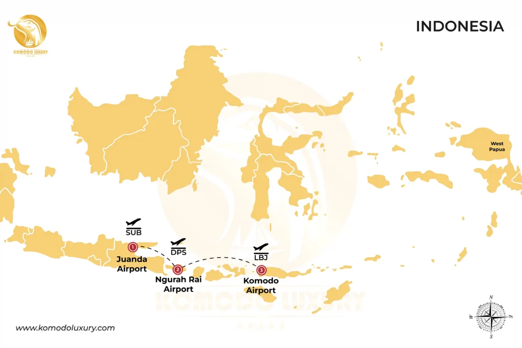 How to get to Komodo Island from Surabaya via Bali | from Surabaya to Komodo Island via Bali MAP - Komodo Luxury