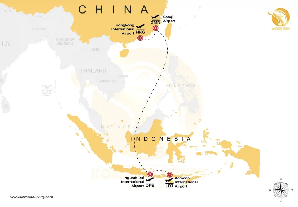 Hong Kong to Komodo Island via China MAP | Komodo Luxury