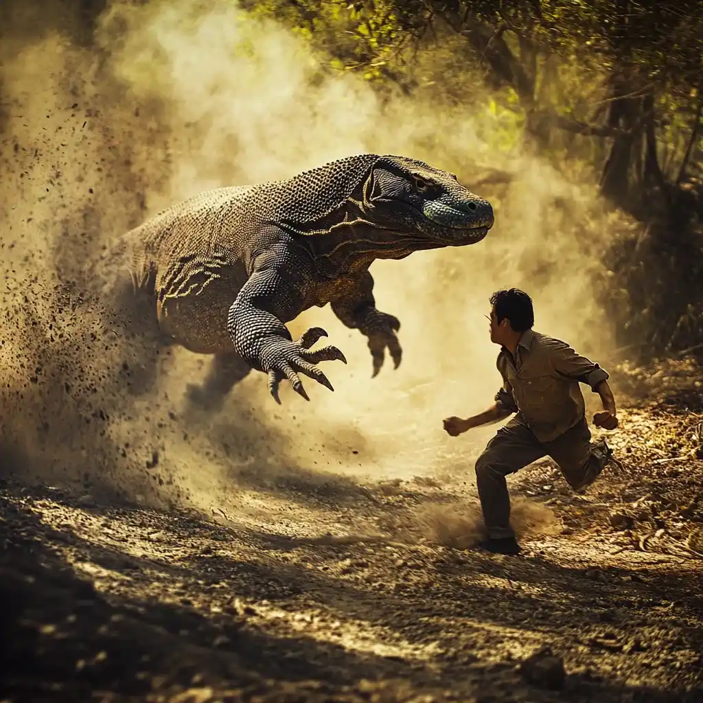 Illustration of a man being chased by a Komodo dragon | Komodo Luxury