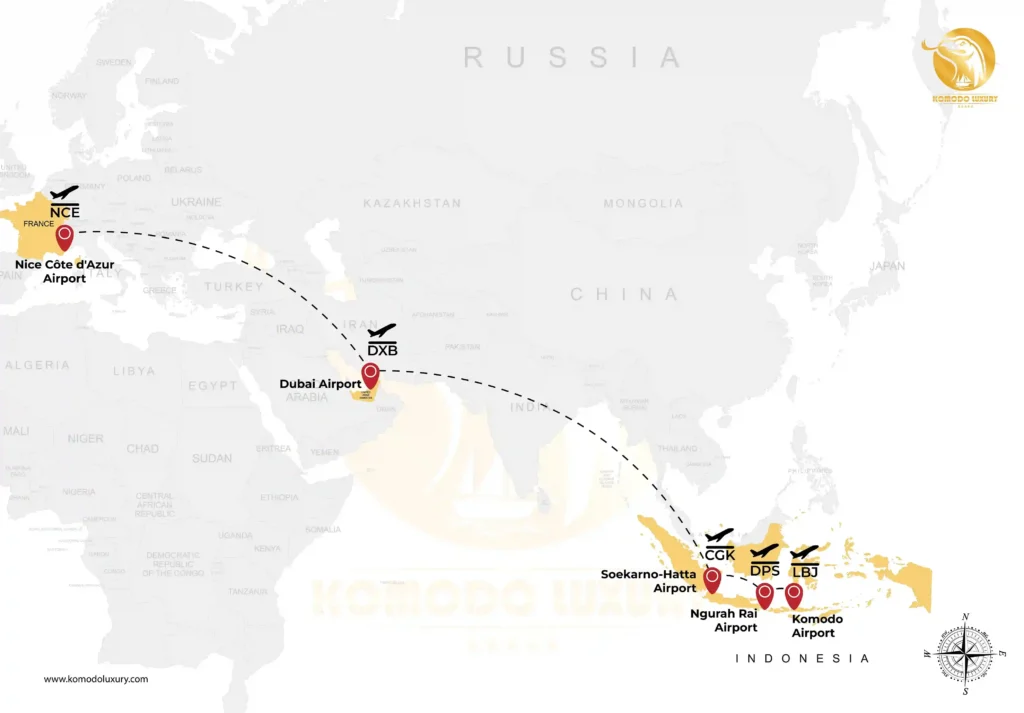 Monaco to Komodo Island via Dubai MAP | Komodo Luxury