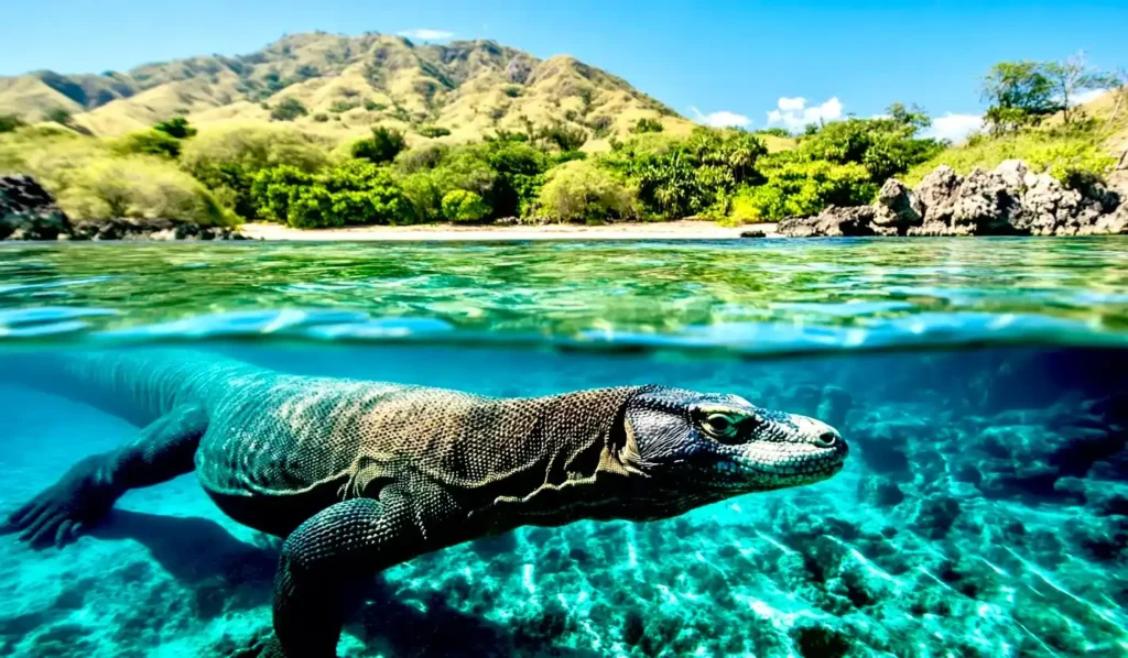 Illustration of Komodo dragon swimming in the waters of Komodo National Park | Komodo Luxury