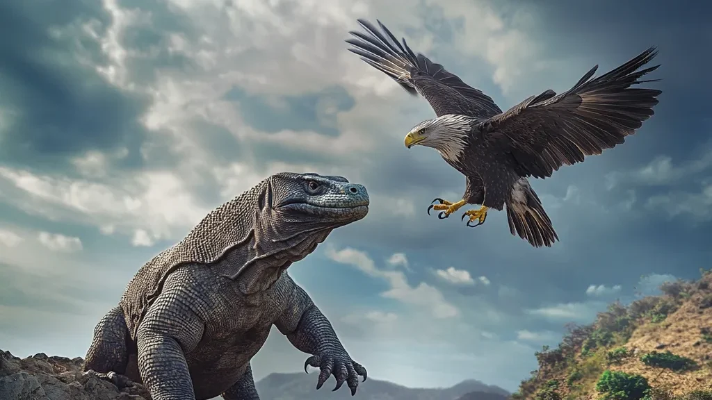 Komodo Dragon vs eagle | Illustration | Komodo Luxury