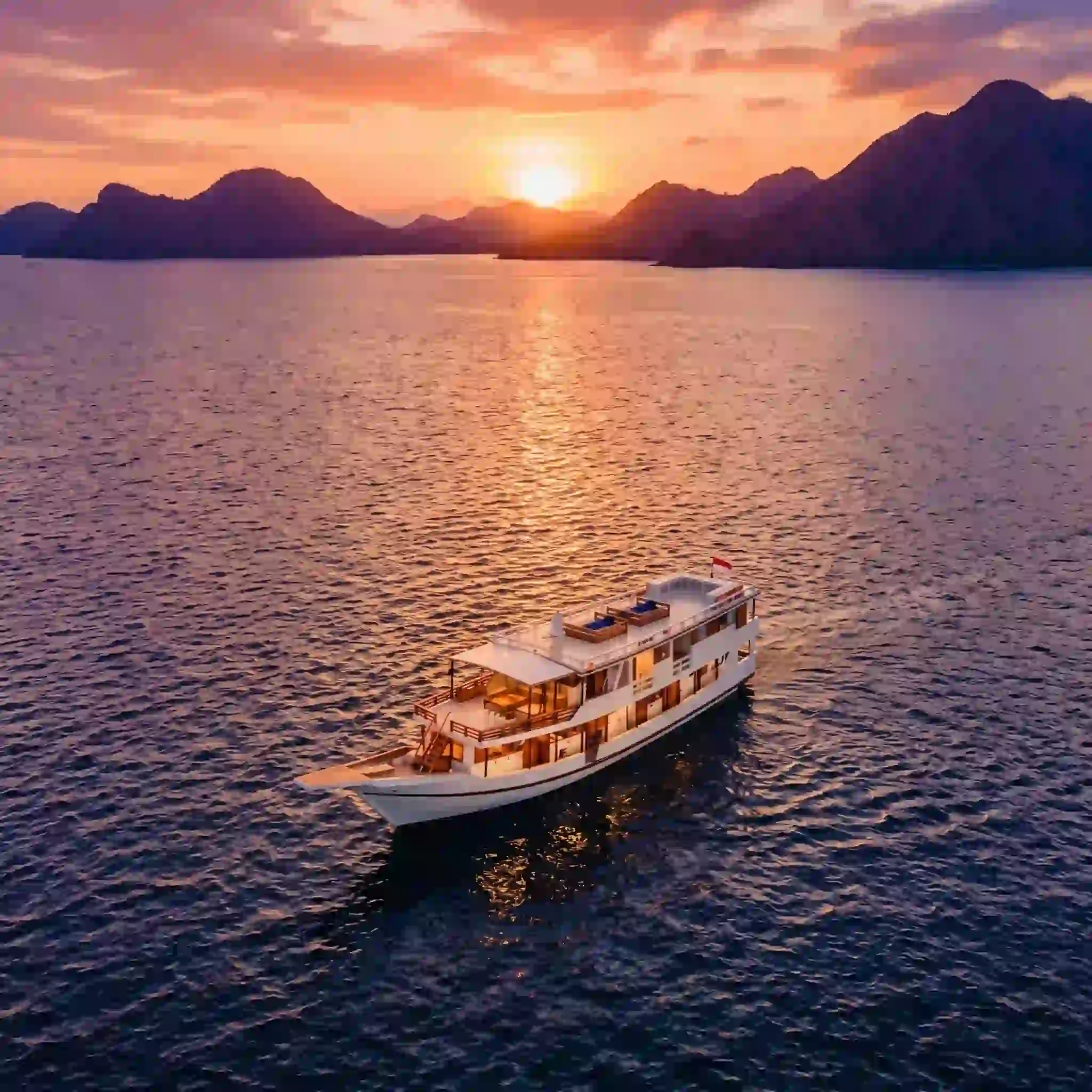 Ayvara, a deluxe phinisi of the fleet, at anchor at sunset