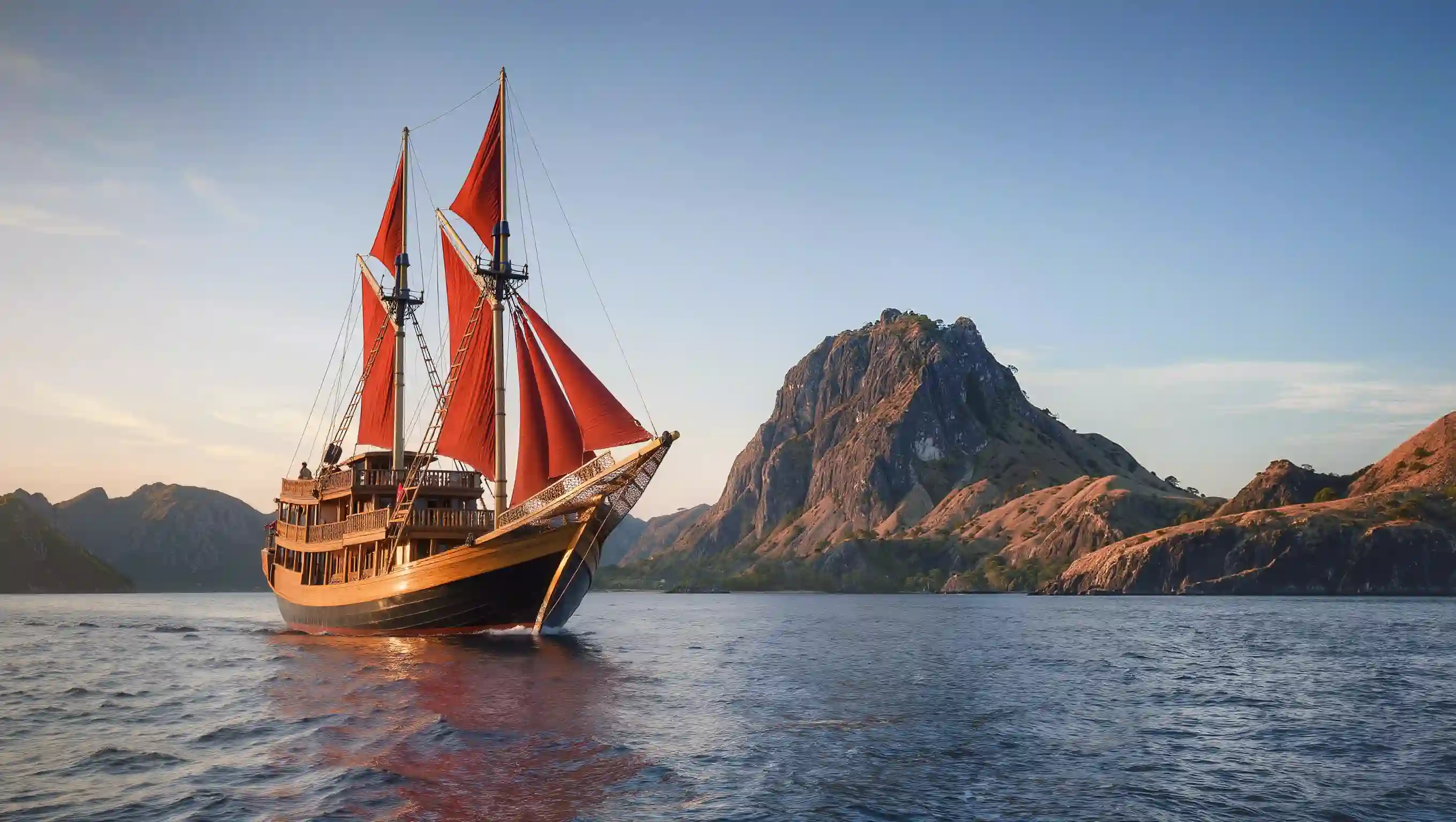 A phinisi under red sails passing the hills of Komodo National Park